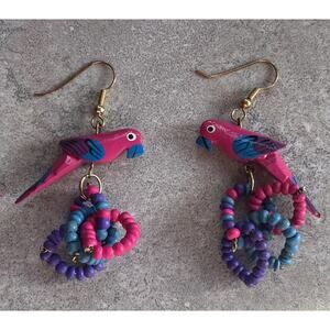 Vintage Handmade Wooden Parrot Earrings Dangle